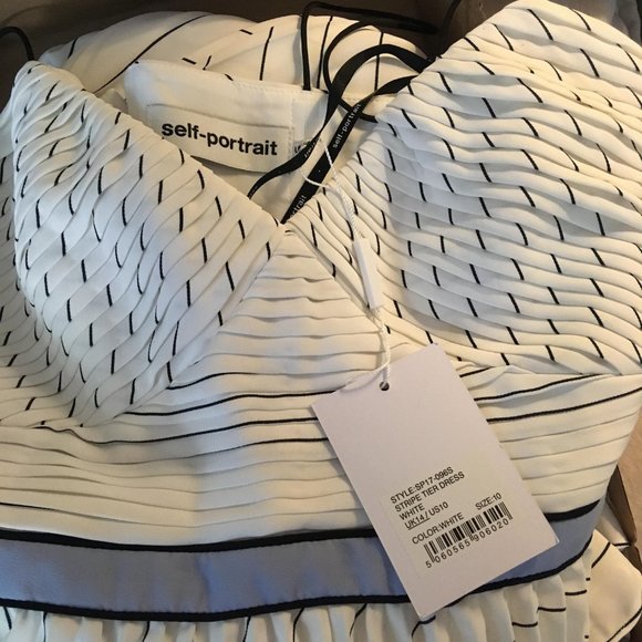 NWT In Box Self Portrait Pleated Stripe Flounce Maxi Strap Dress Blue Midband - Picture 3 of 11